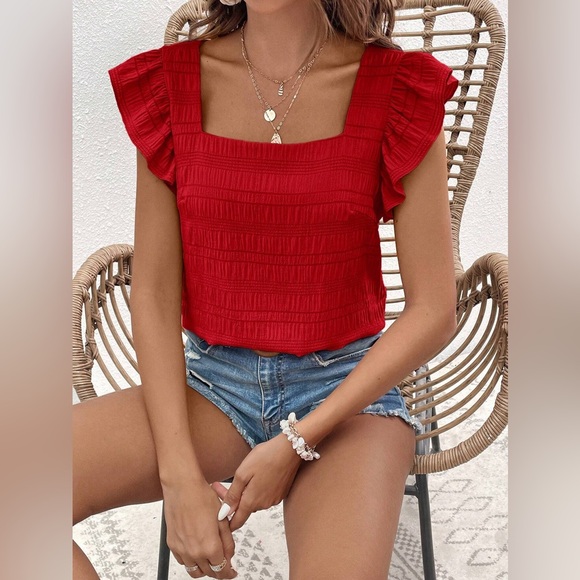 🩵 textured square neck flutter short sleeve boho blouse - Picture 4 of 6